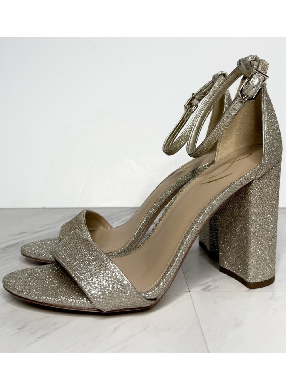 Sam Edelman Yaro Gold Silver Glitter Block Heel Sandal 10W